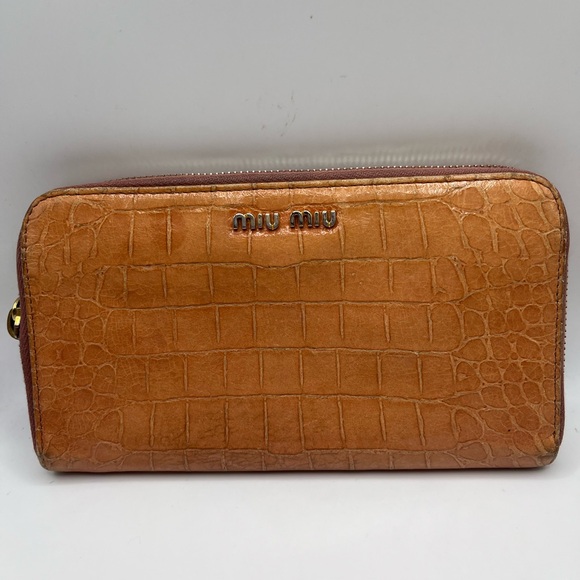 Miu Miu Handbags - Miu Miu Embossed Leather Crocodile Tan And Pink Zippy Round Long Wallet